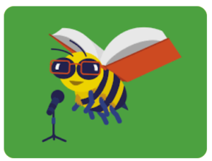 Bee Talking on Microphone with glasses Book-on-back instead of wings